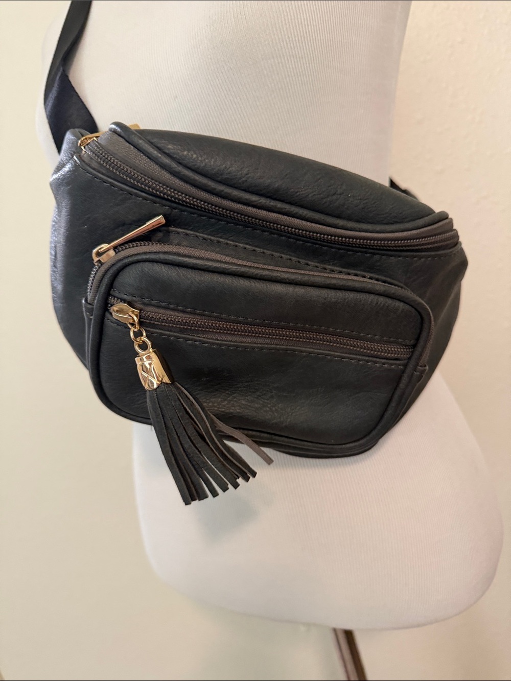 Black Faux Leather Tassel Waist Bag - Women's Crossbody Belt Bag